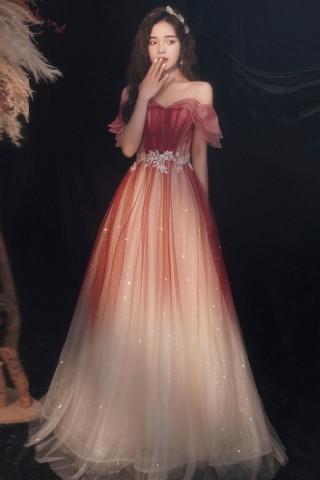 shimmering deep salmon ombre glitter tulle evening dress