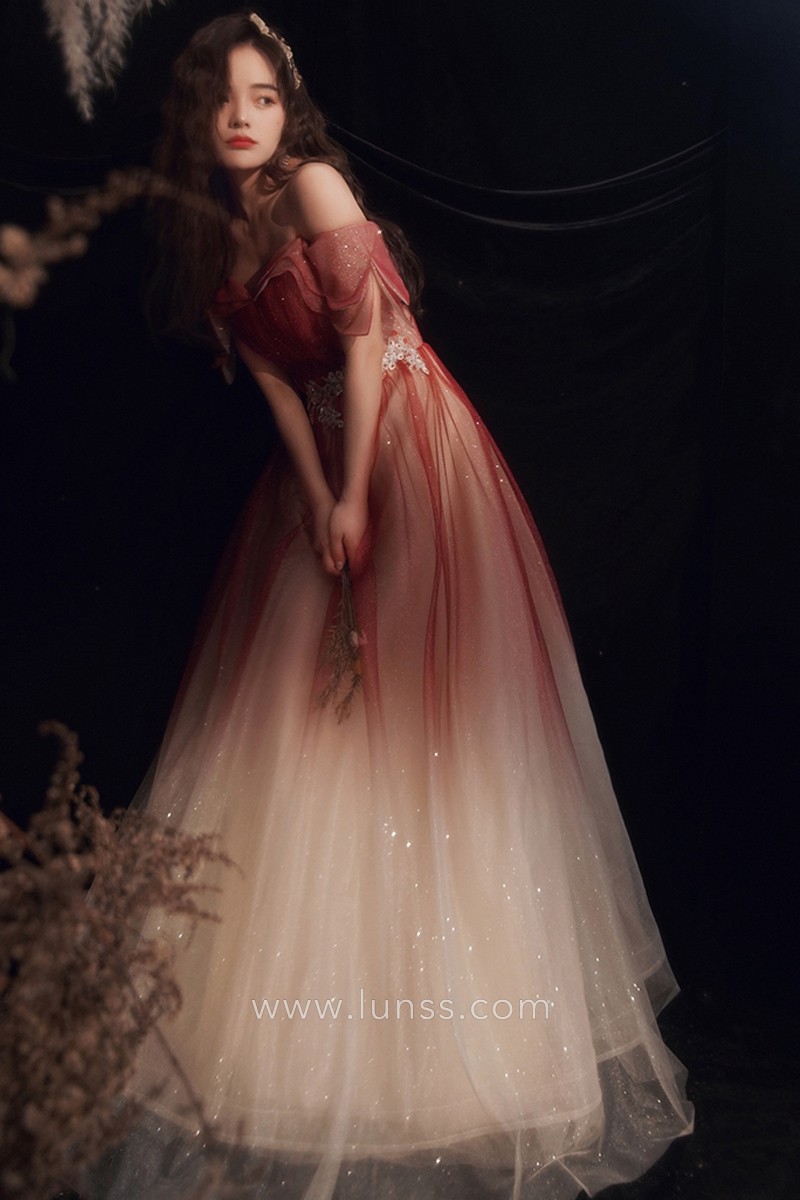 shimmering deep salmon ombre glitter tulle floor length A line evening dress shimmering deep salmon ombre glitter tulle floor length A line evening dress