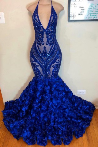 unique royal blue sequin 3d rosette mermaid prom dress