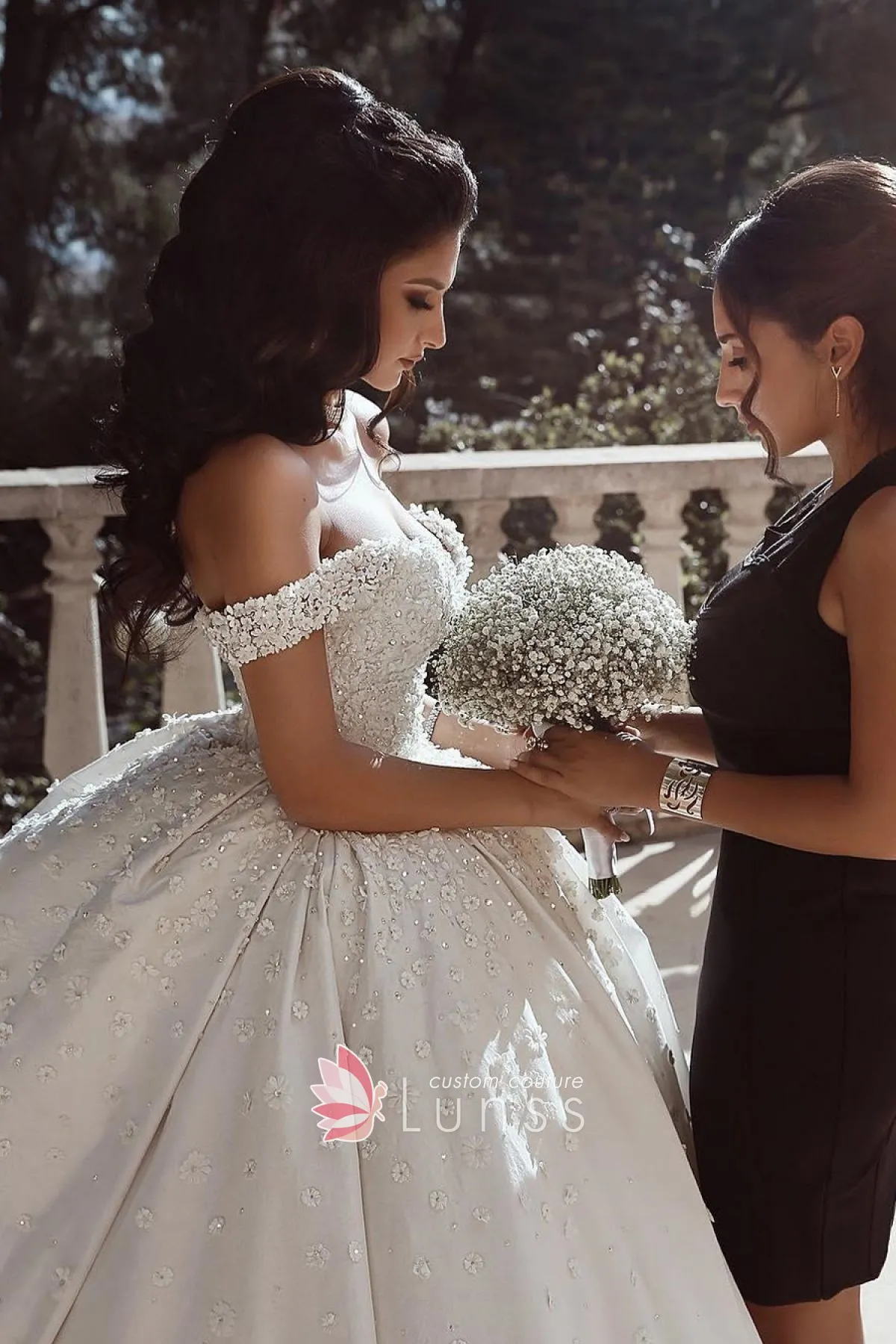 3d floral off the shoulder pearled ball gown