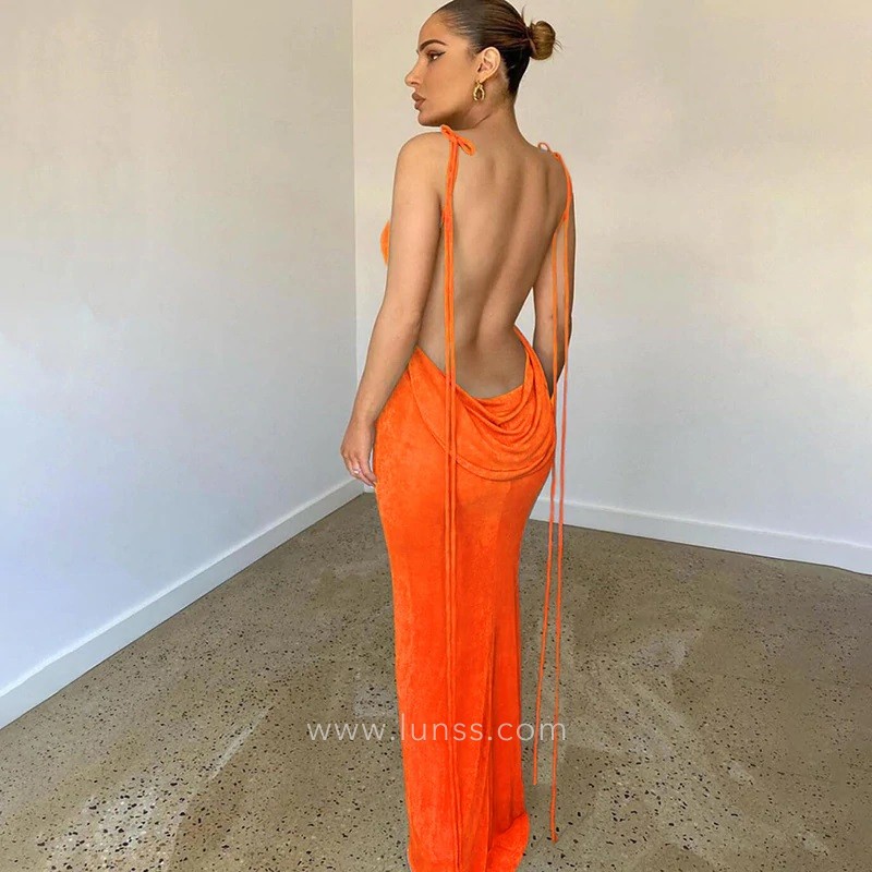 backless orange velvet slim long party gown