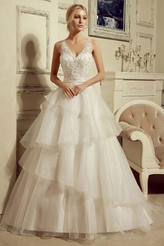 beaded lace ruffled tiered organza wedding ball gown