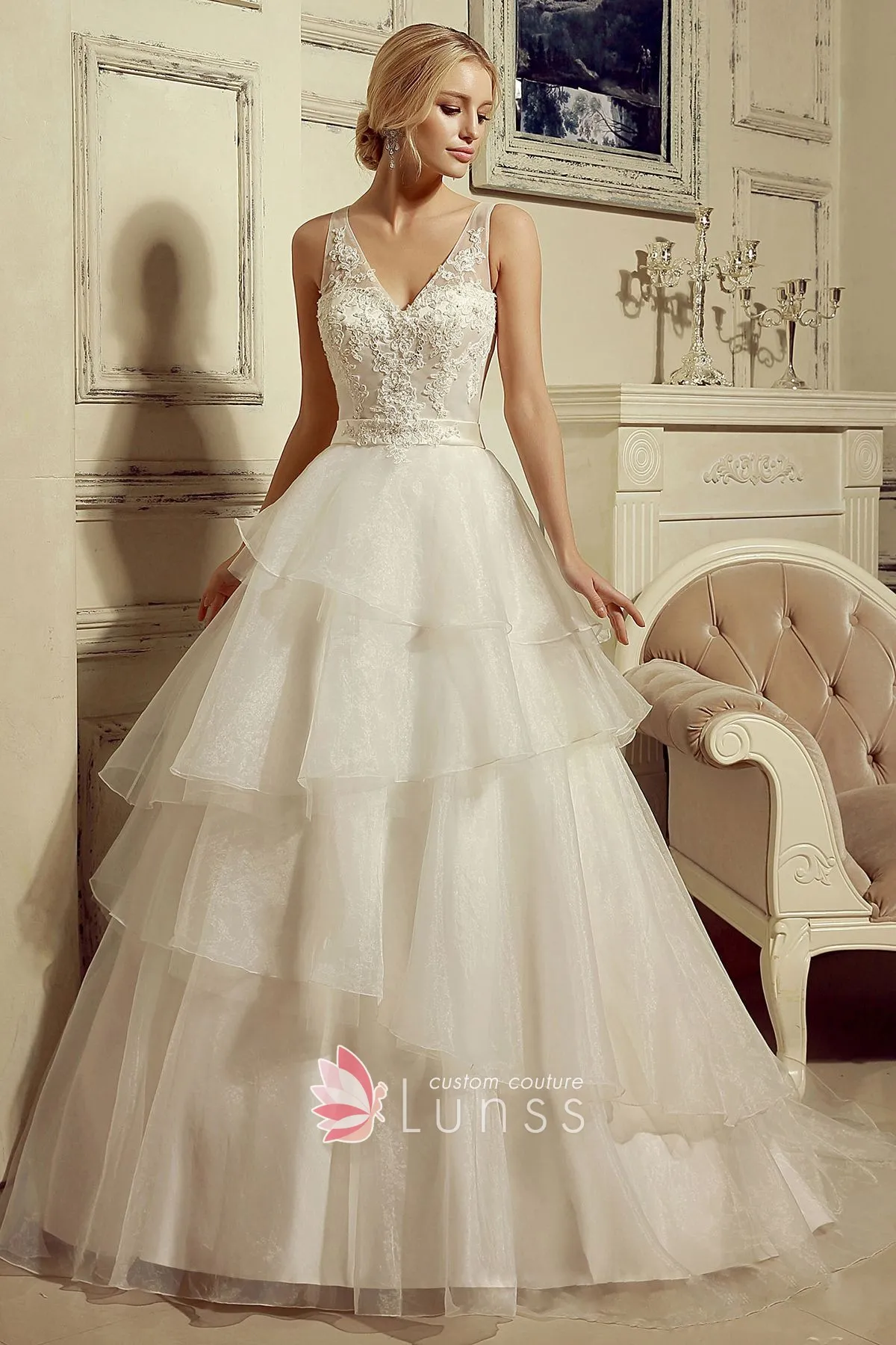 beaded lace tiered organza wedding gown