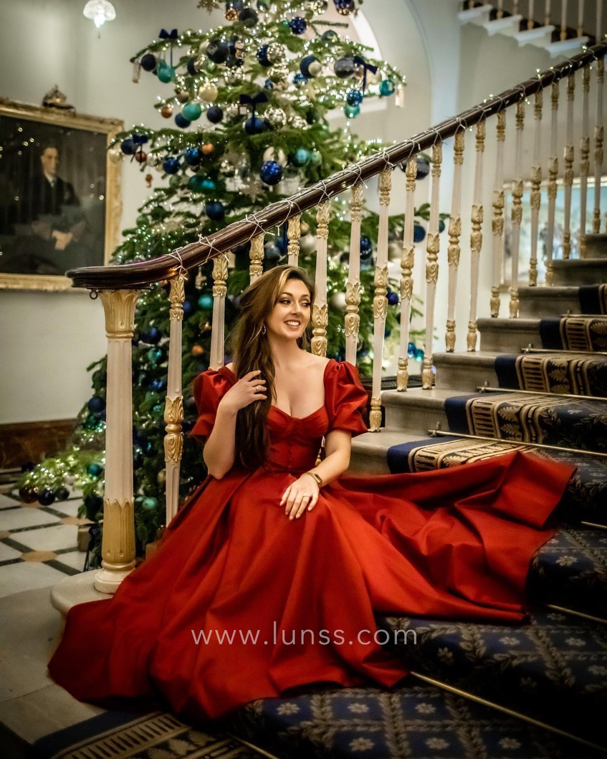 buttons decorated ruby party gown with short puff sleeves