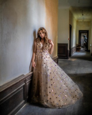 dazzling star sequins champagne tulle v neck prom dress