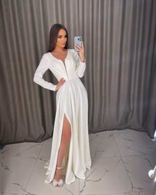 elegant ruched ivory satin slit bridal shower dress