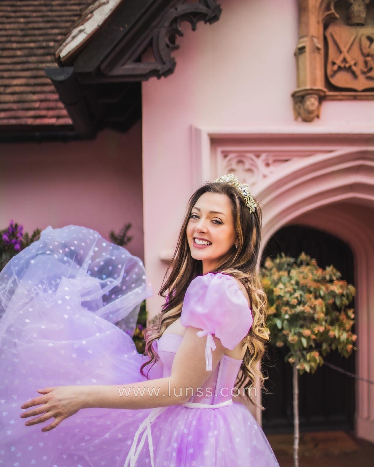 fairytale heart shape printed lilac tulle engagement party dress