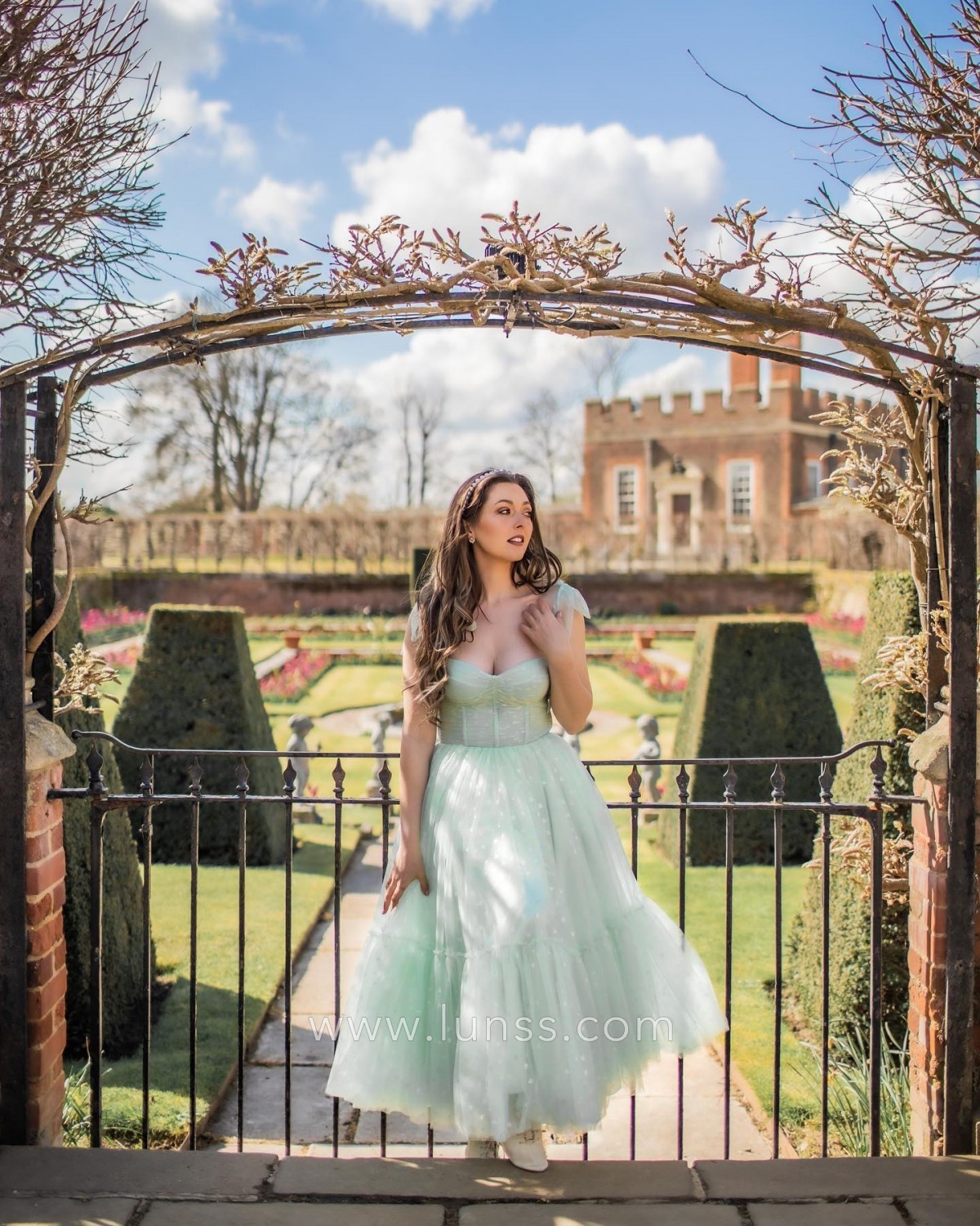 fairytale heart shape printed mint green corset tea length dress