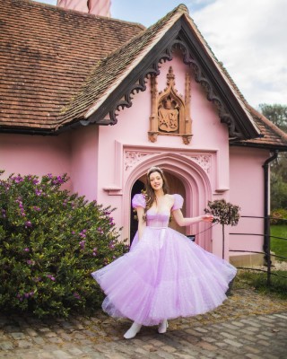 fairytale lilac tulle tea length engagement party dress