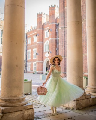 fairytale mint green corset tea length bridal party dress