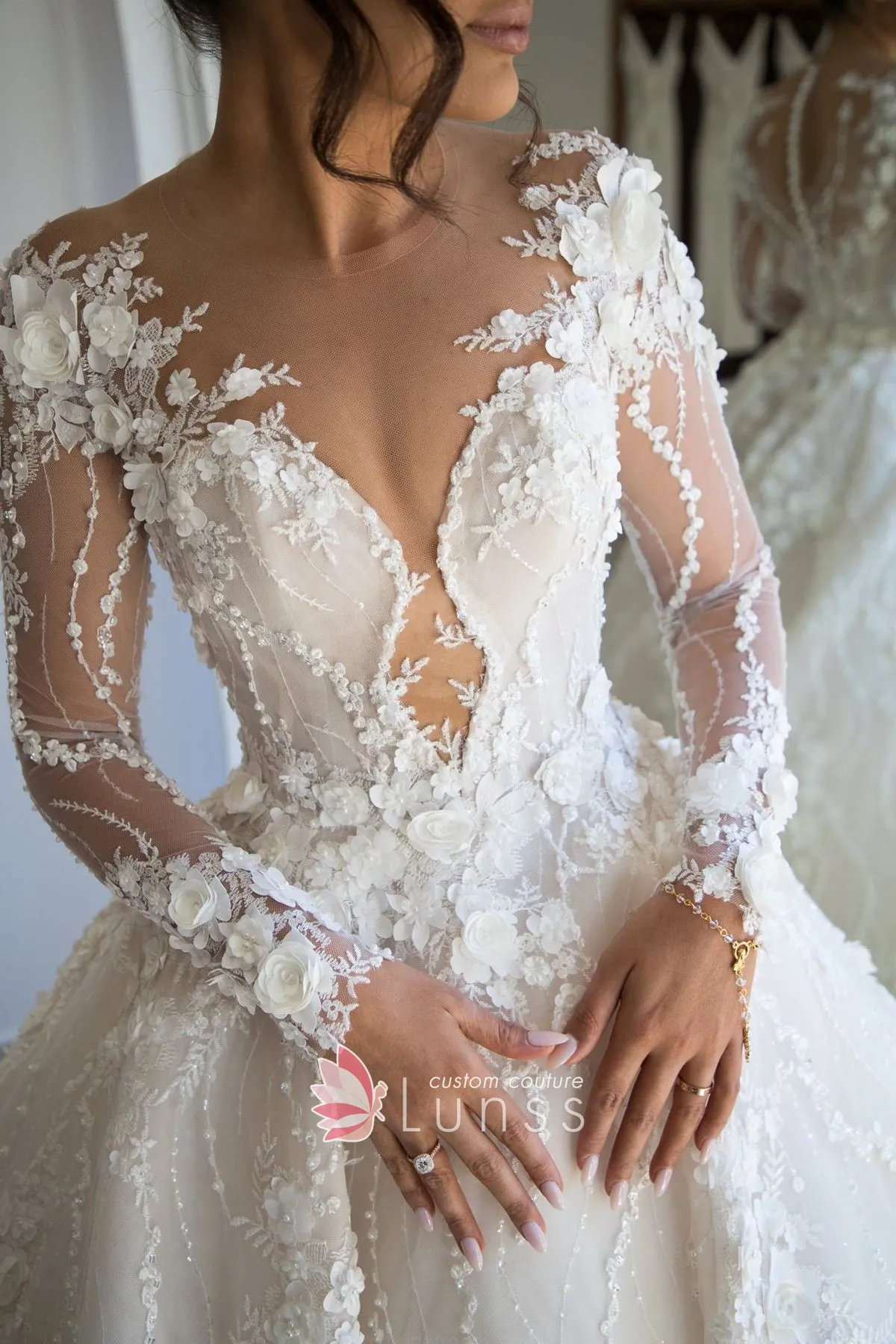 illusion sleeve 3d flower wedding gown illusion sleeve 3d flower wedding gown