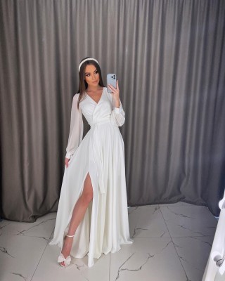 illusion sleeve ivory satin split bridal evening dress
