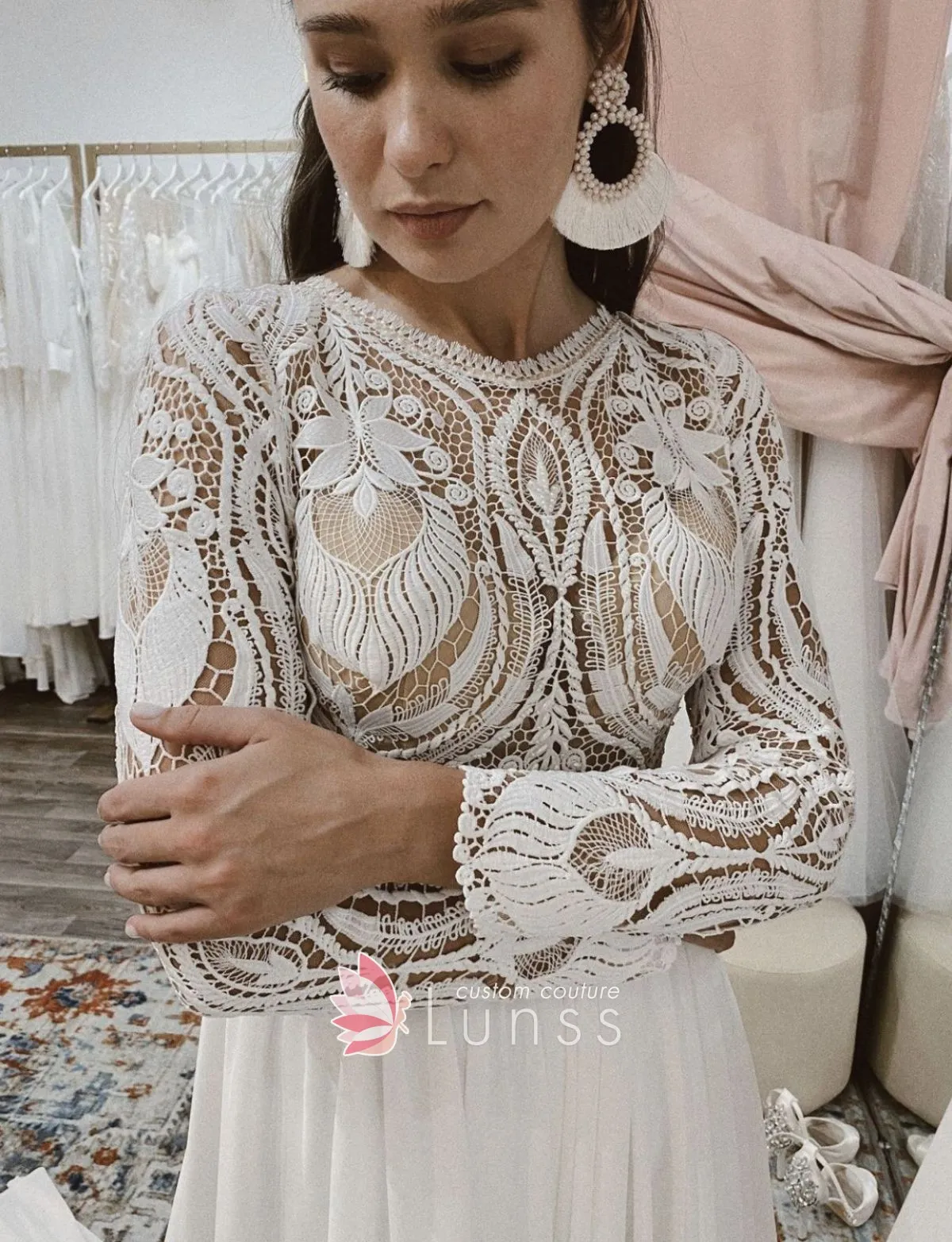 ivory lace chiffon boho bridal dress