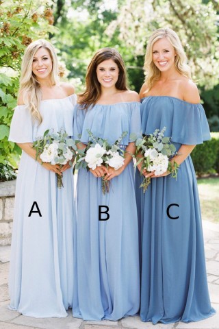 off the shoulder ruffled blue chiffon bridesmaid dresses