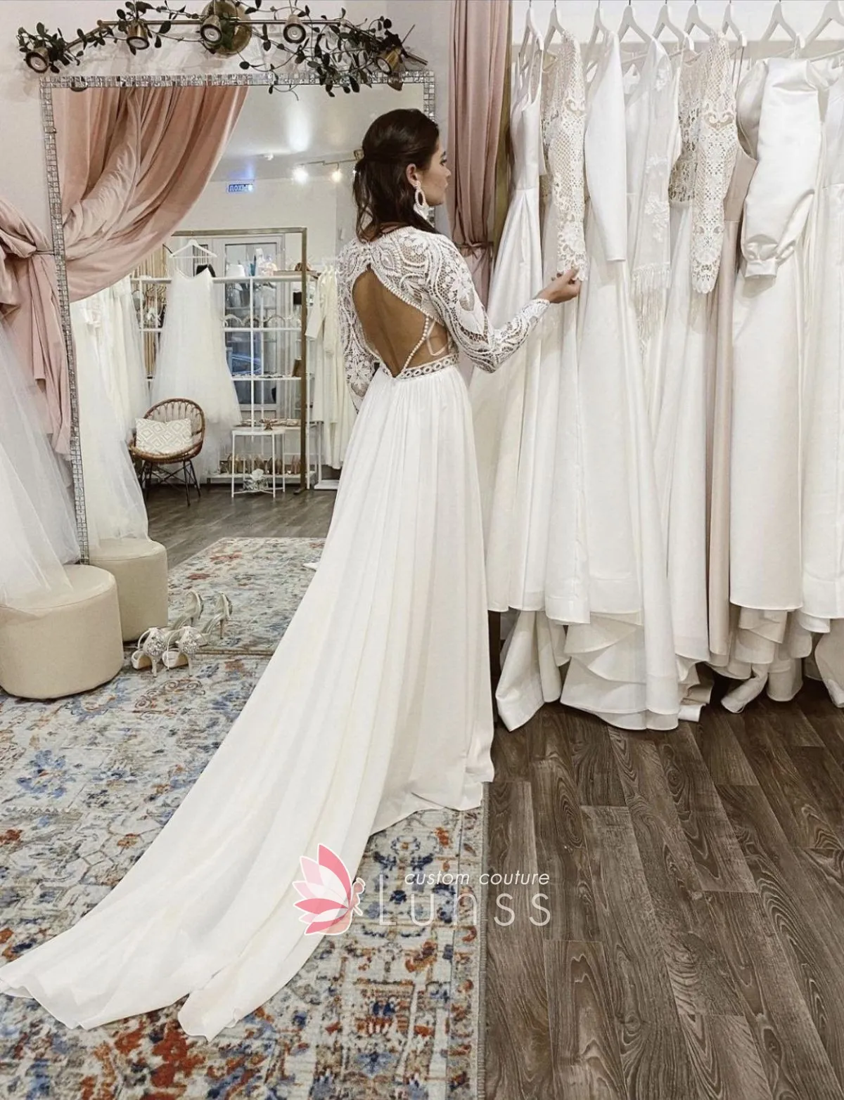 open back lace and chiffon bridal dress
