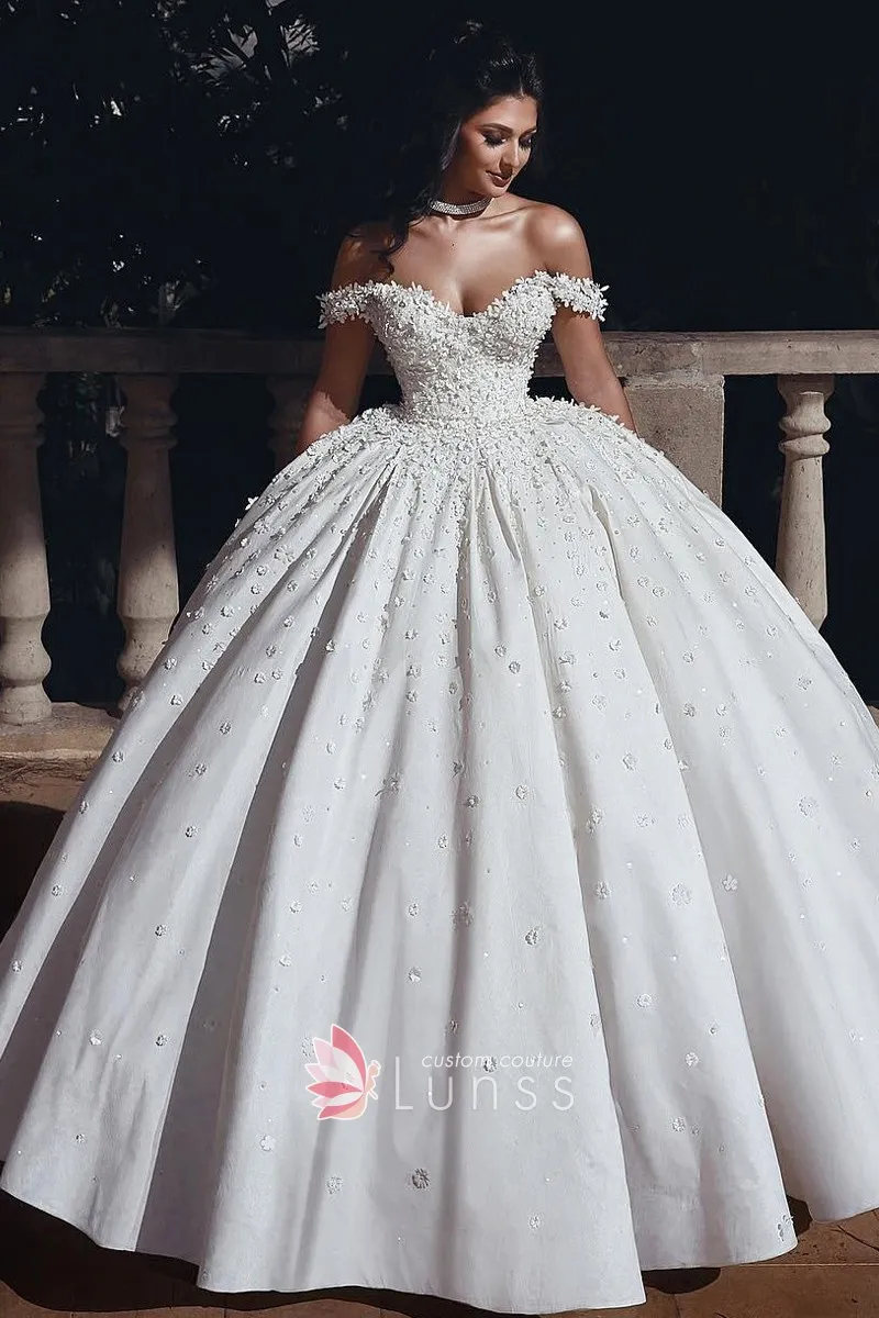pearled 3d flowers satin wedding gown