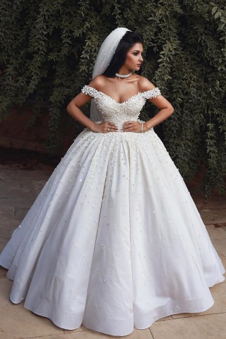 pearled mini 3d flowers applique ivory satin wedding gown