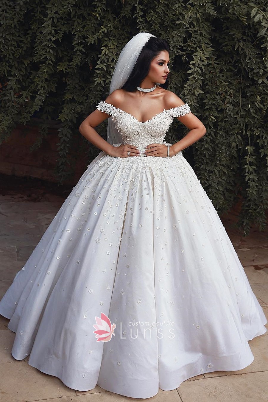 pearled mini 3d flowers applique ivory satin wedding gown