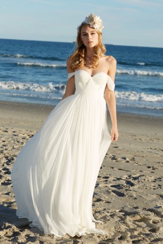 pleated ivory chiffon off shoulder beach wedding dress