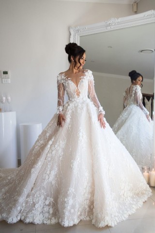 romantic illusion long sleeve 3d flower wedding gown