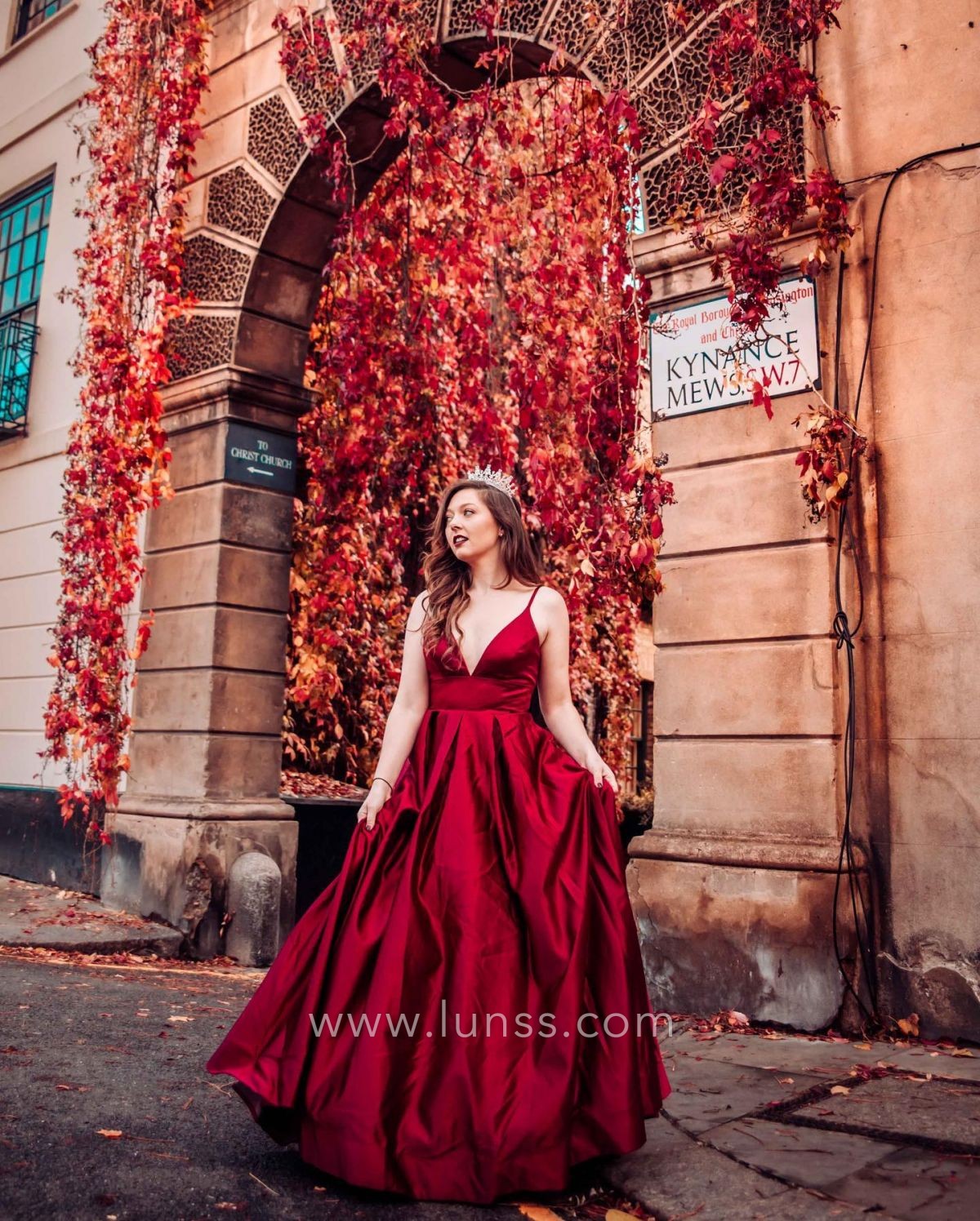 ruby red V neck floor length A line long evening prom military ball dress