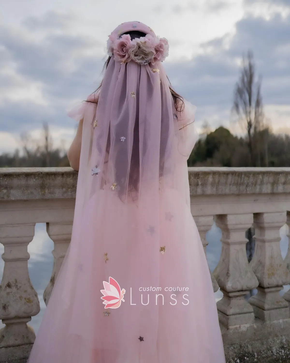 sequinned blushing pink tulle veil