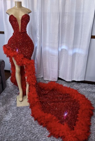 sexy plunging neck red sequin feathers long train prom dress