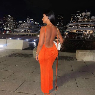 sexy slim fit backless orange velvet long evening dress