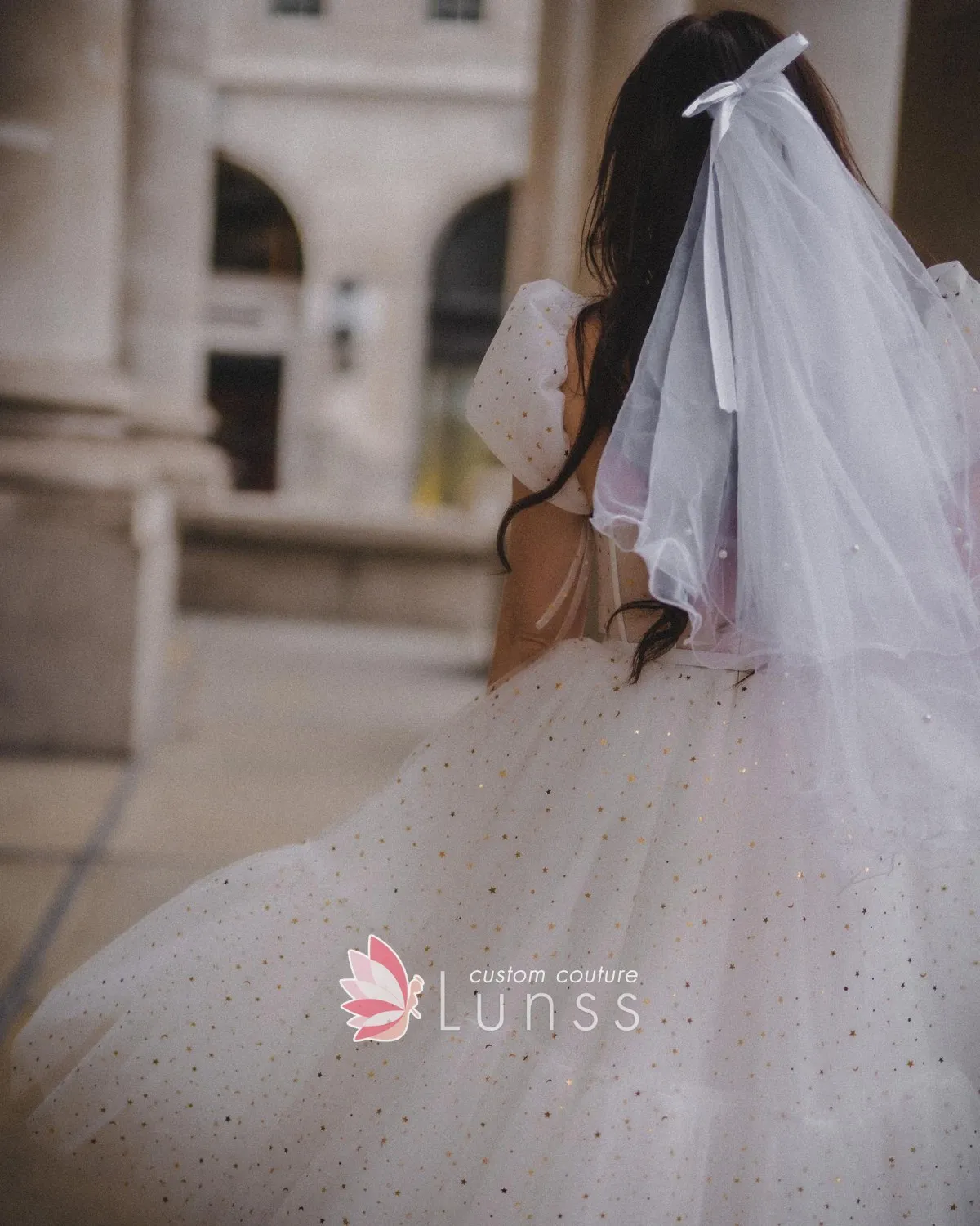 shimmering gold star and moon sequinned white tulle dress