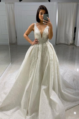 sparkly beaded glitter plunging neck wedding ball gown