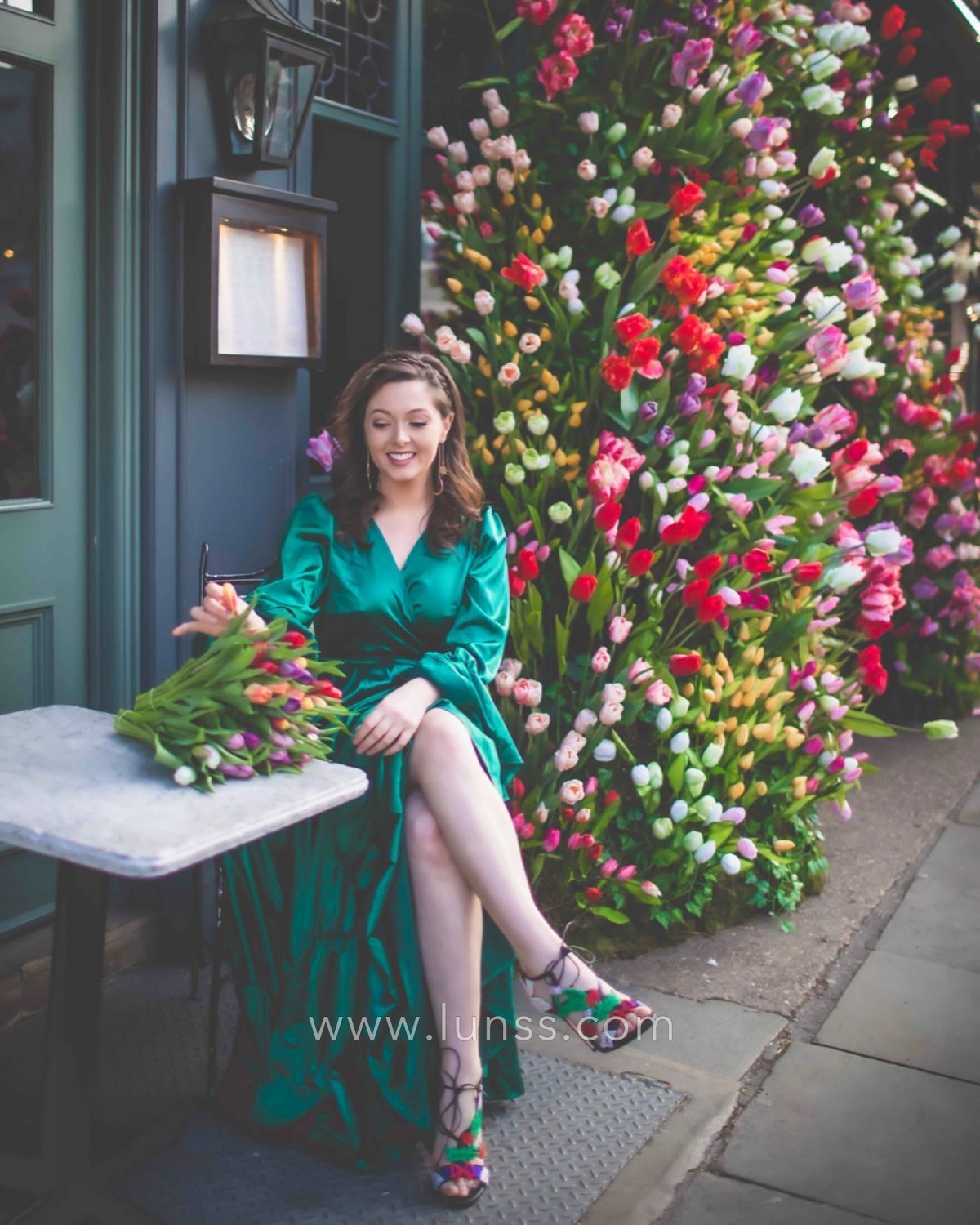 teal green bell sleeve slit evening dress