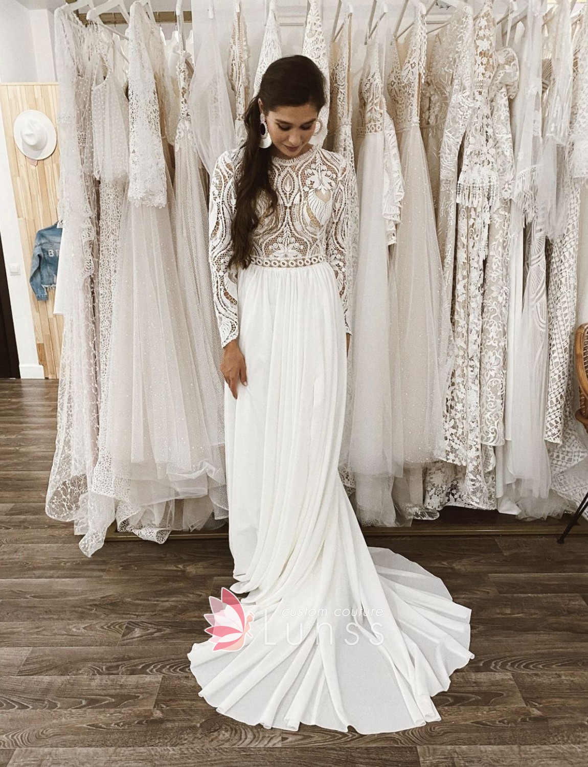 unique ivory lace chiffon long sleeve boho bridal dress