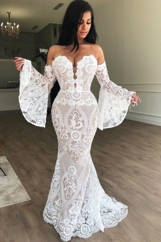 unique white lace nude lining bell sleeve bridal dress