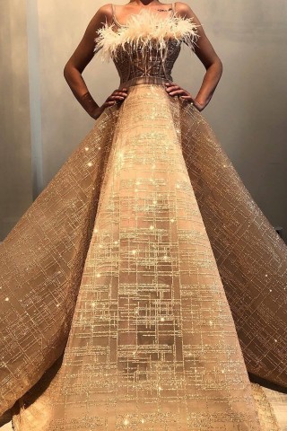 whimsical glitter mesh with feathers champagne prom gown