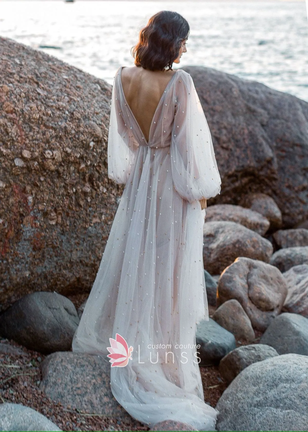 pearls tulle beach wedding dress