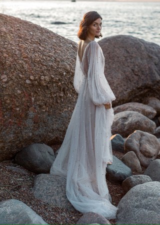 pearls tulle blush lining beach wedding dress