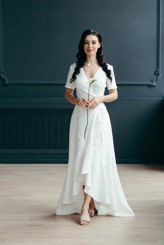 short sleeve v neck high low bohemian wedding dress