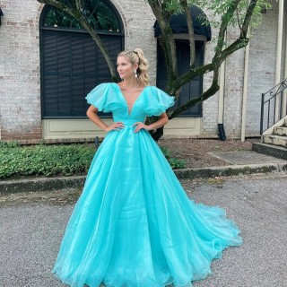 Pool blue organza short flutter sleeve V neck prom gown