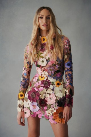 allover 3d embroidery flowers natural short dress