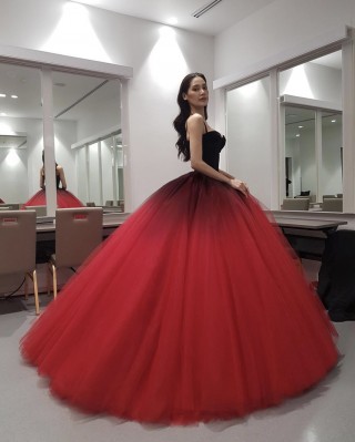 amazing black to red ombre tulle corset bodice ball gown