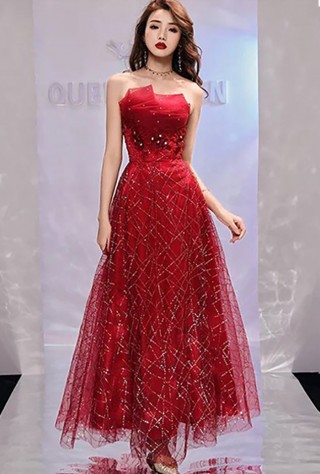 asymmetrical draped strapless messy sequinned red dress