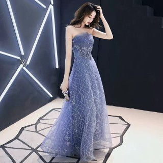 asymmetrical strapless sequinned purple gray prom dress