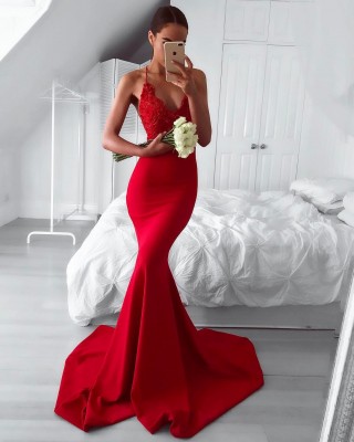 beaded red lace and satin mermaid modern prom dress