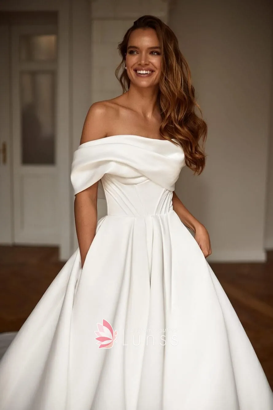 draped short sleeve ivory matte satin bridal gown