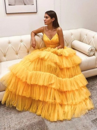 gold yellow tiered tulle v neck spaghetti strap prom gown