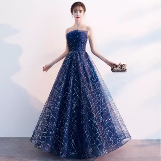 intricated lines sequinned navy tulle long prom dress