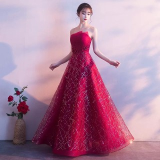 intricated lines sequinned wine strapless long prom dress