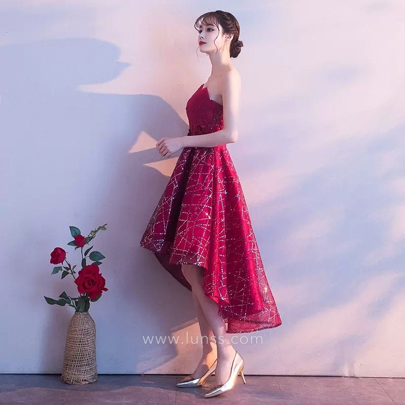 intricated lines sequinned wine tulle high low graduation party dress intricated lines sequinned wine tulle high low graduation party dress