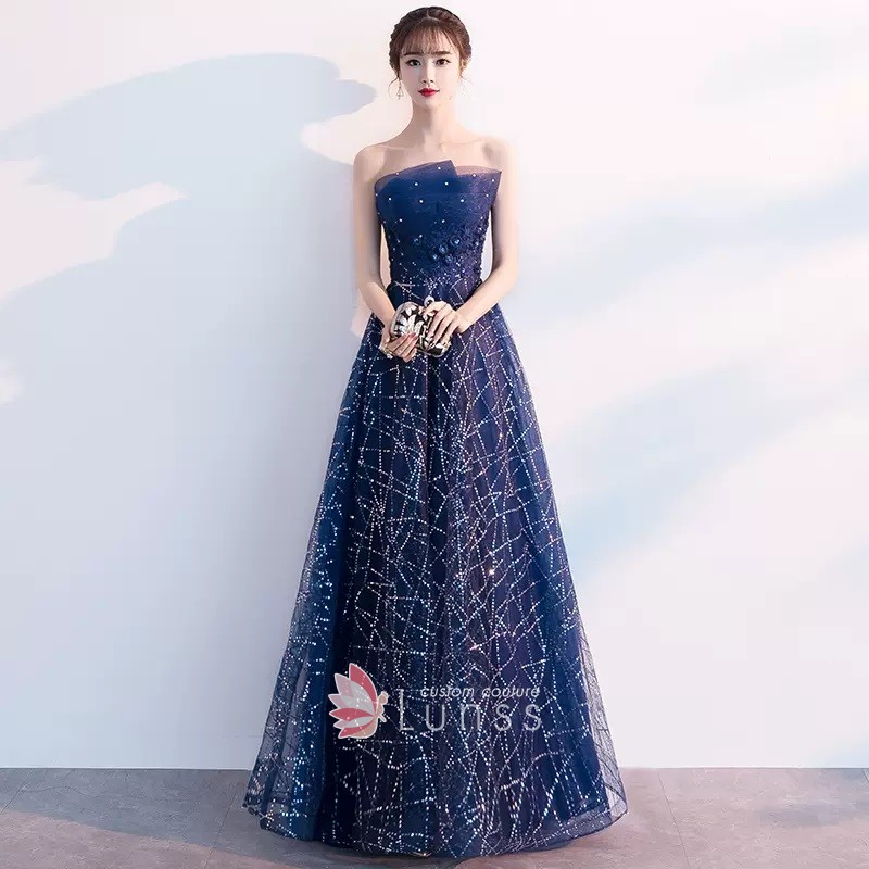 intricated sequinned navy prom dress