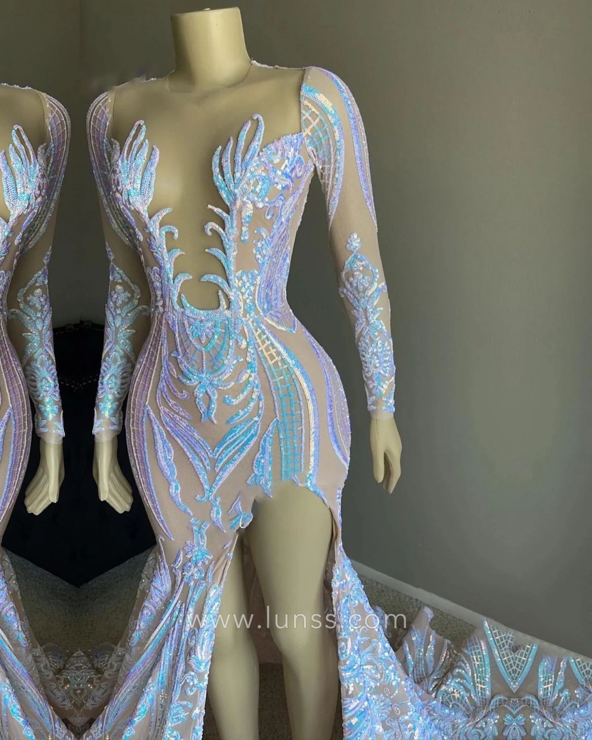 iridescent blue sequin mermaid prom gown